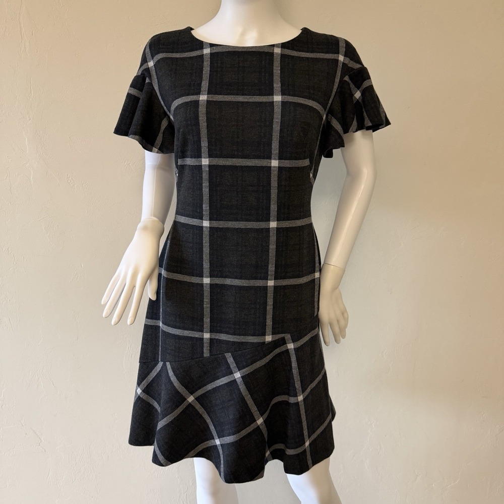 Lauren Ralph Lauren Plaid Fit & Flare Dress Flutter Sleeve Black Gray size 10P